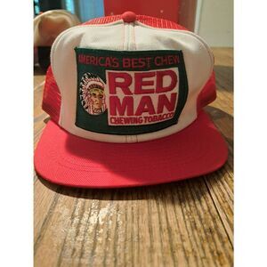 Vintage Red Man Chewing Tobacco Swingster Trucker Hat White Red Green Adjustable